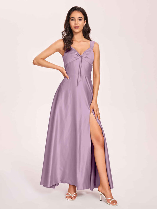 Satin V-neck A-line Bridesmaid Dresses Side slit Floor Length