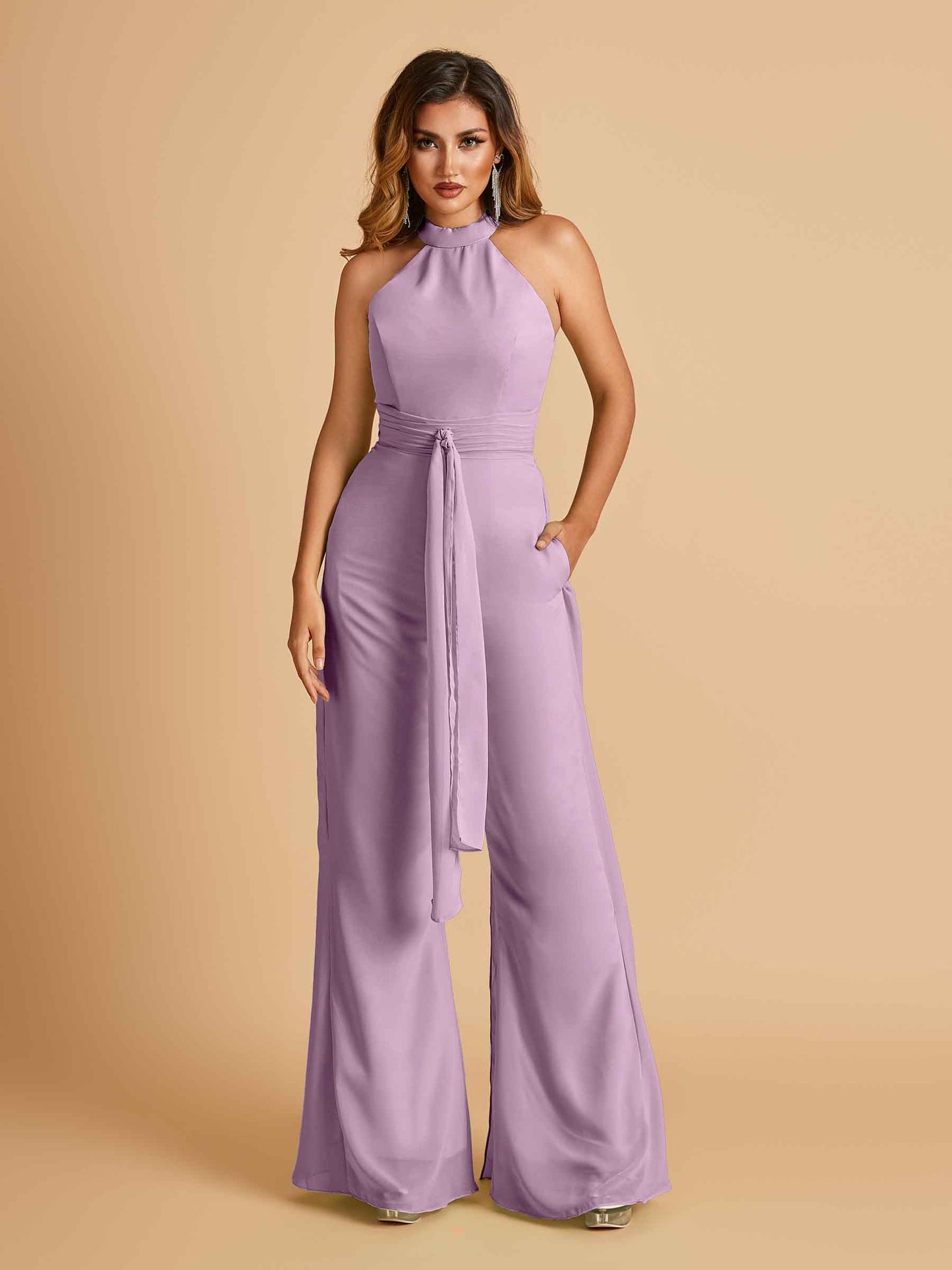 Chiffon Bridesmaid Jumpsuit Jewel Neck Sleeveless Floor Length With Pockets