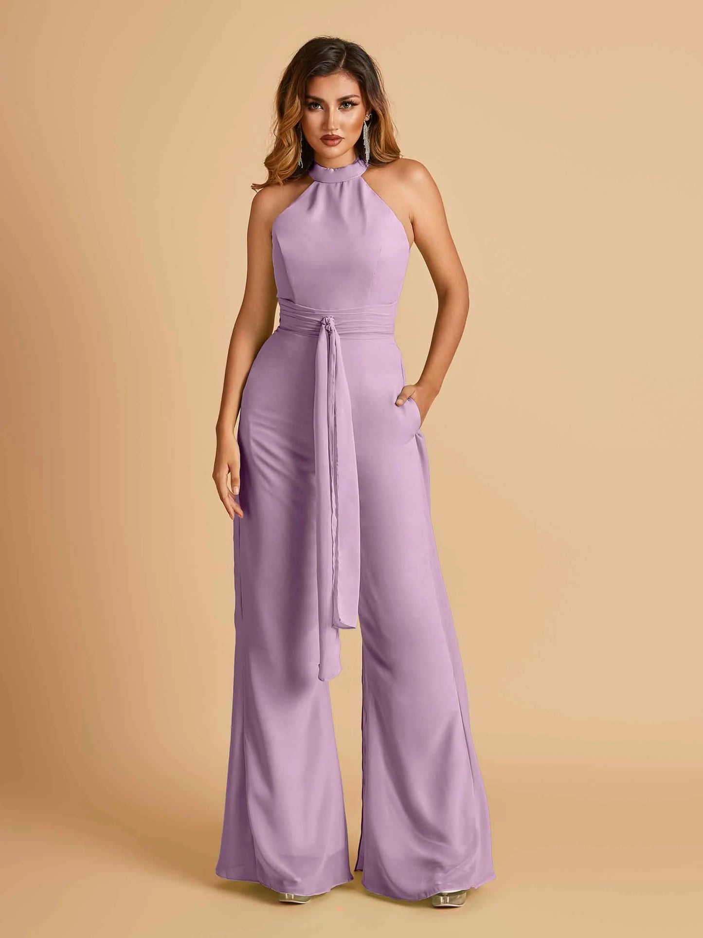 Chiffon Bridesmaid Jumpsuit Jewel Neck Sleeveless Floor Length With Pockets For Sale