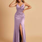 Sexy Satin Sheath Bridesmaid Dresses Spaghetti Straps V-neck Side Slit Pleats Floor Length