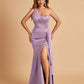 Satin One Shoulder Mermaid Bridesmaid Dresses Side Slit Floor Length