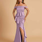 Satin Mermaid Off Shoulder Bridesmaid Dresses With Ruffles Side Slit Floor Length