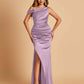 Unique Satin One Shoulder Prom Dresses Side Slit Half Open Back Floor Length