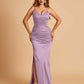 Satin Mermaid Long Bridesmaid Dresses Spaghetti Straps V-neck Side Slit Floor Length