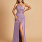 Satin One Shoulder Sheath Prom Dresses Spaghetti Straps Side Slit Floor Length