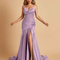 Sexy Satin Mermaid Open Back Prom Dresses Spaghetti Straps V-neck Side Slit