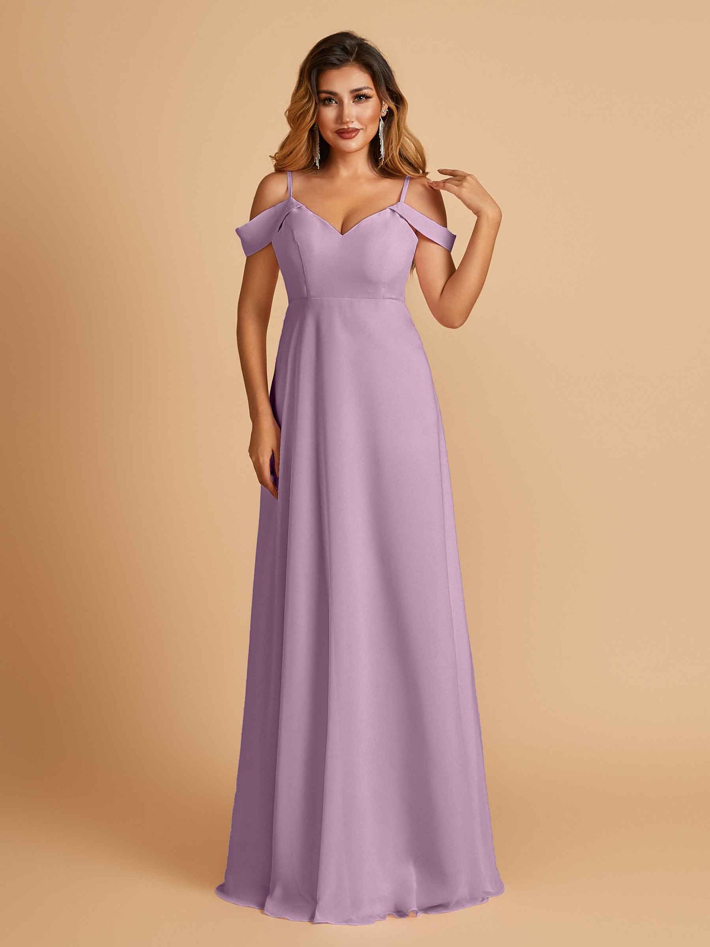Chiffon Off-shoulder Long Bridesmaid Dresses V-neck Floor Length A-line