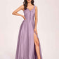 Satin V-neck A-line Prom Dresses Side slit Floor Length