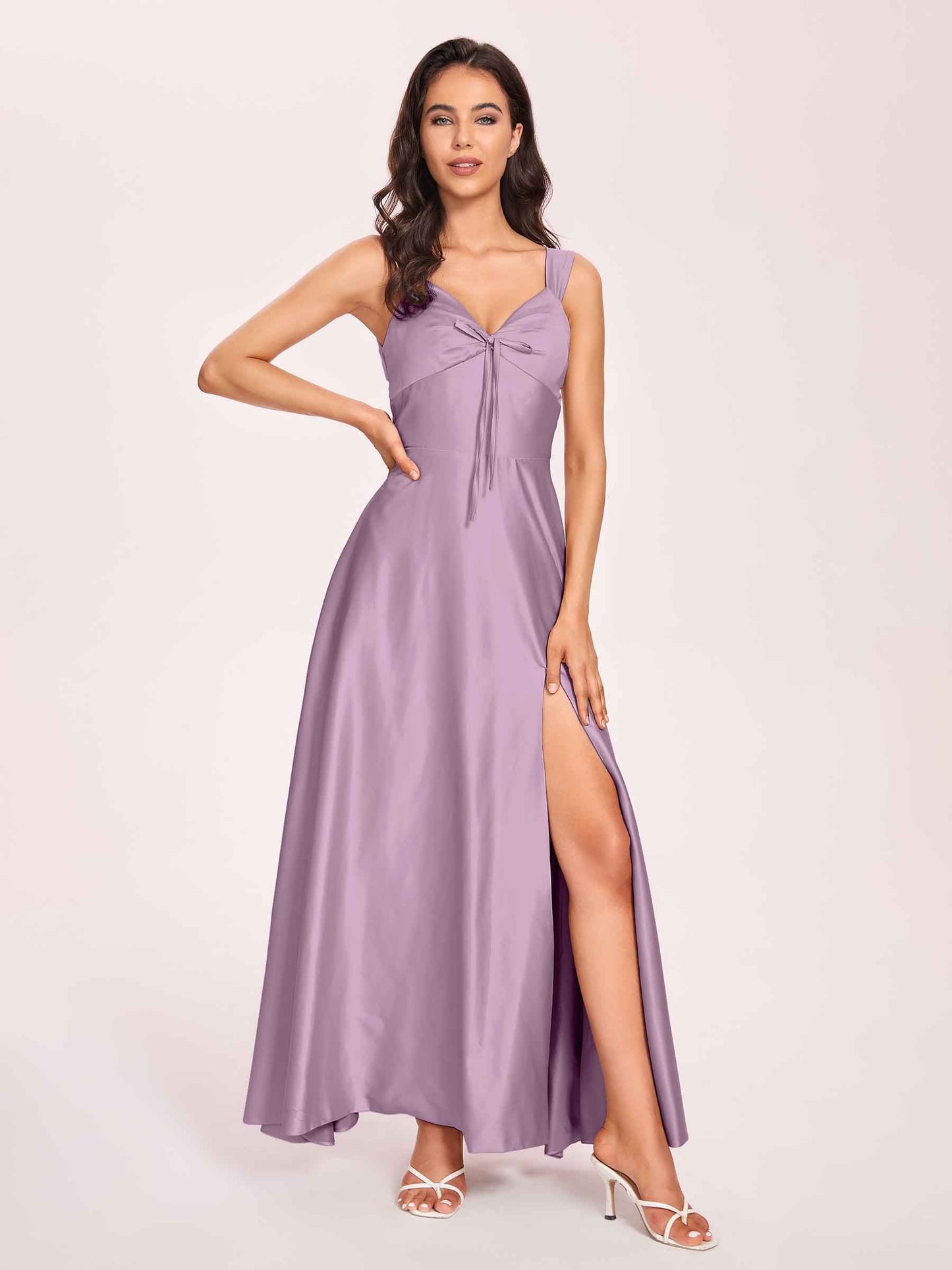 Satin V-neck A-line Prom Dresses Side slit Floor Length
