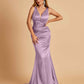 Sexy Satin Criss-cross Back Prom Dresses Mermaid Deep V-neck Back Pleats Floor Length