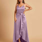 Satin Asymmetric V-neck Prom Dresses Sleeveless Side Slit A-line Unique