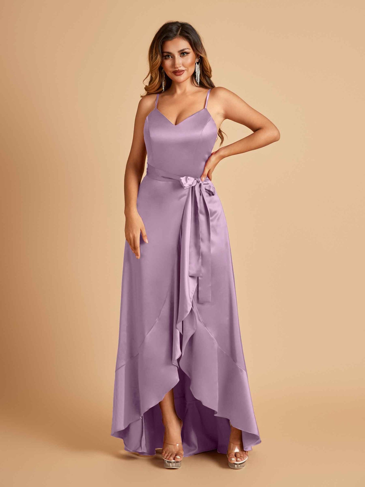 Satin Asymmetric V-neck Prom Dresses Sleeveless Side Slit A-line Unique
