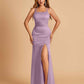 Satin Mermaid Long Bridesmaid Dresses Spaghetti Straps Scoop Side Slit Criss-cross Back For Sale