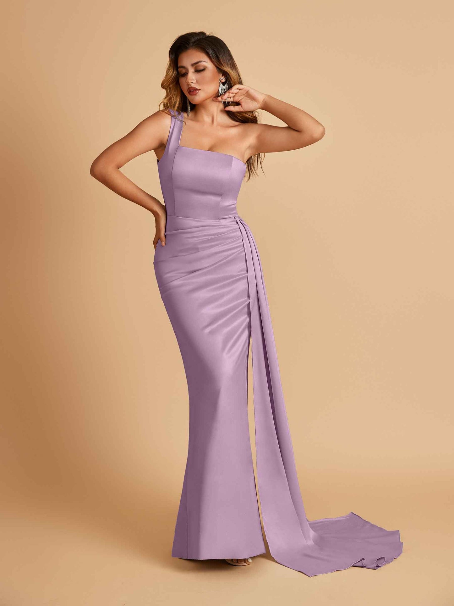 Sexy Satin One Shoulder Mermaid Prom Dresses Pleats Floor Length