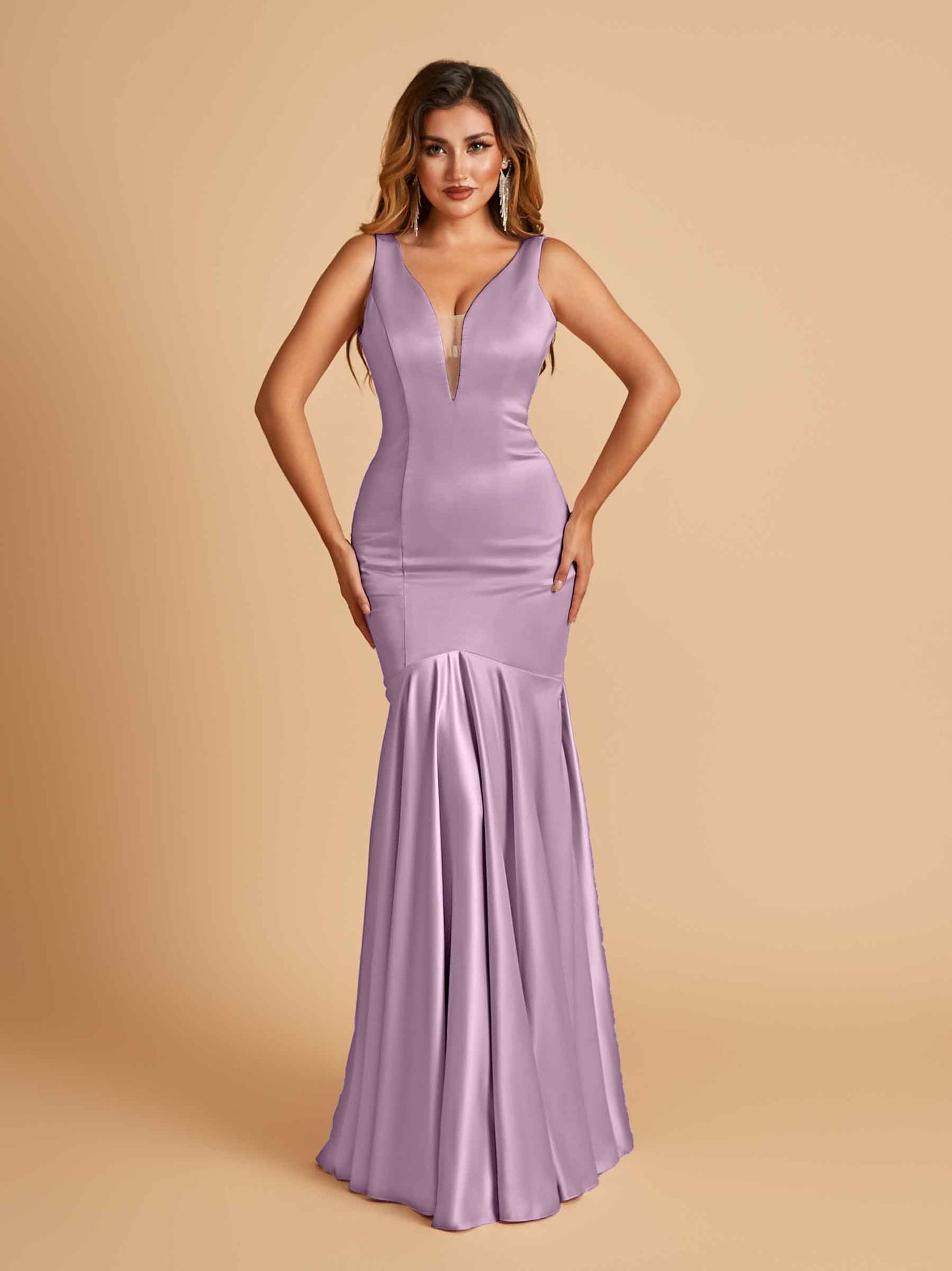 Satin Deep V-neck Mermaid Bridesmaid Dresses Half Open Back Floor Length