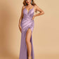 Sexy Satin Spaghetti Straps Prom Dresses V-neck Side Slit Pleats Floor Length Sheath