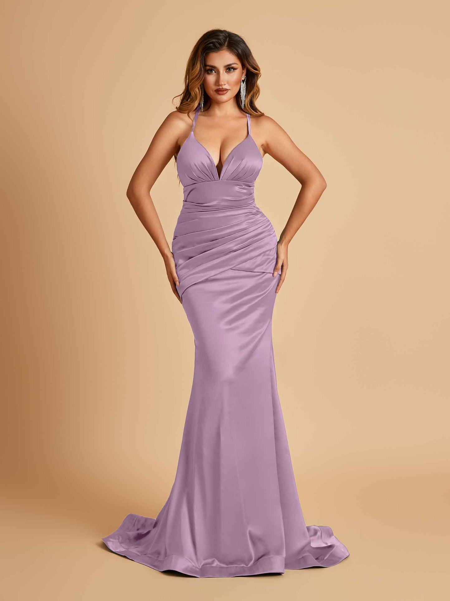 Satin Mermaid Open-back Bridesmaid Dresses Spaghetti Straps V-neck With Pleats Floor Length