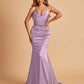 Sexy Satin Mermaid Prom Dresses Spaghetti Straps V-neck Pleats Floor Length