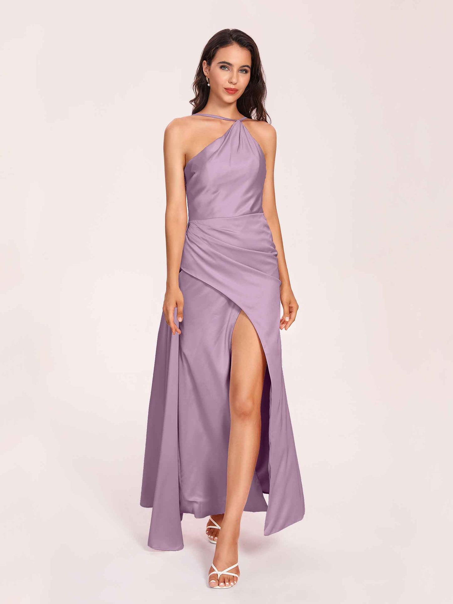 Sexy Satin Halter Strap Sheath Bridesmaid Dresses Side Slit Pleats Floor Length