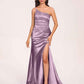 Satin One-shoulder Mermaid Prom Dresses Side Slit Pleats Floor Length