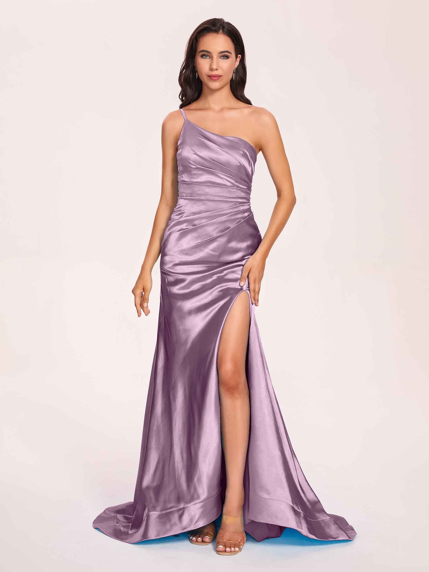 Satin One-shoulder Mermaid Prom Dresses Side Slit Pleats Floor Length
