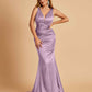 Sexy Satin Criss-cross Back Bridesmaid Dresses Mermaid Deep V-neck Back Pleats Floor Length