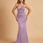 Satin Mermaid Open-back Prom Dresses Spaghetti Straps V-neck With Pleats Floor Length