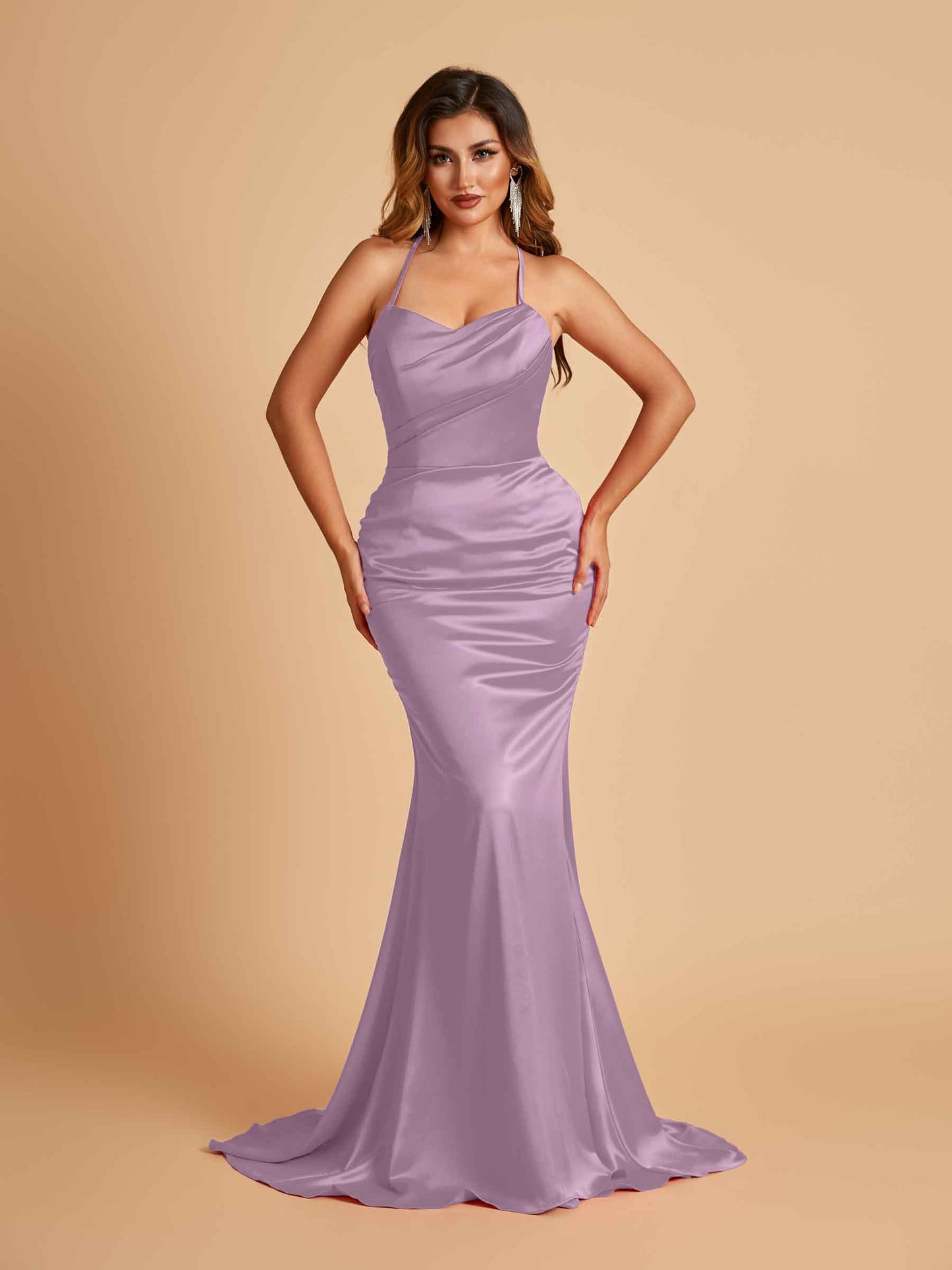 Sexy Satin Mermaid Bridesmaid Dresses Spaghetti Straps Scoop Criss-cross Back
