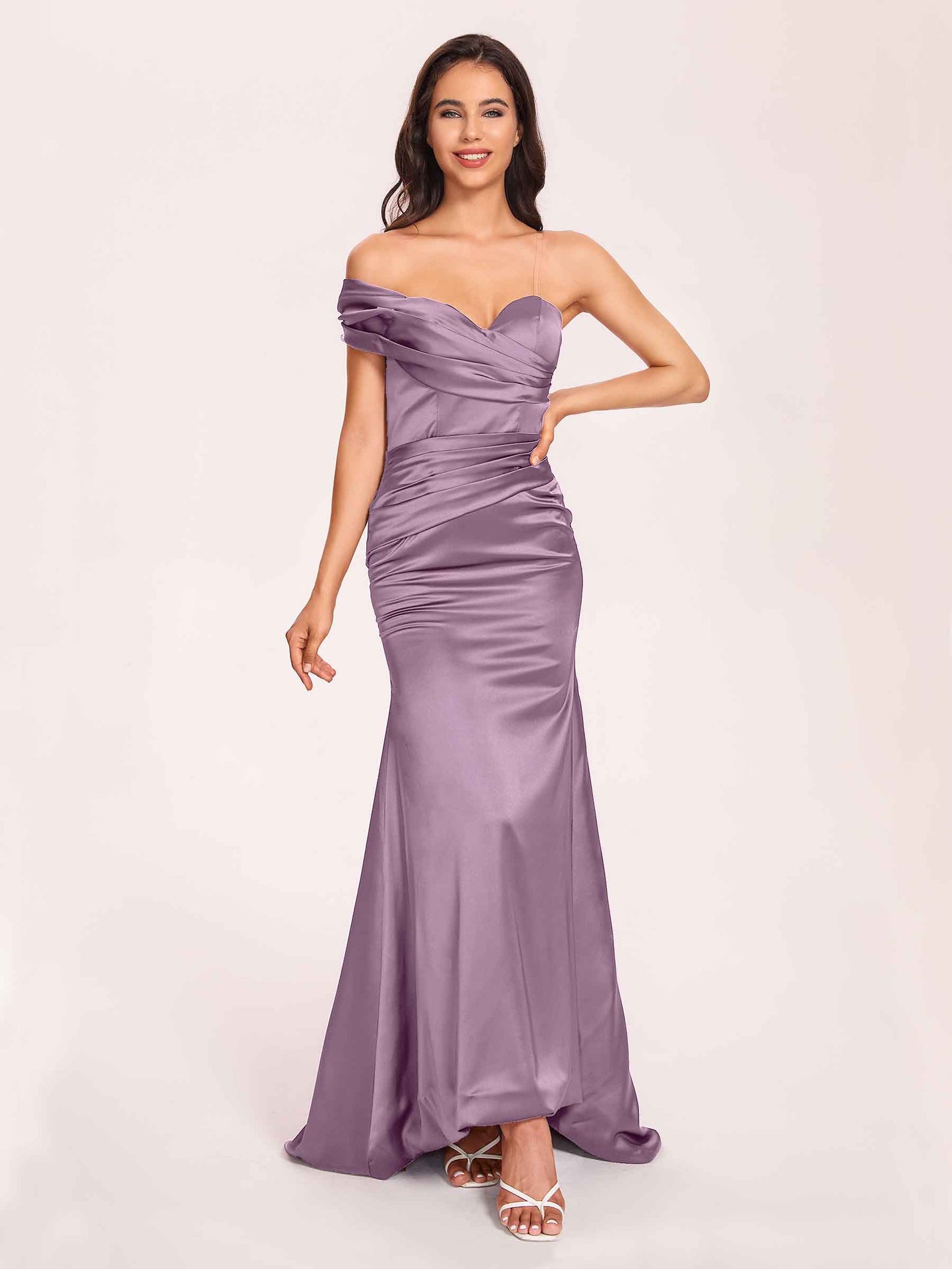Satin One-shoulder Bridesmaid Dresses Pleats Floor Length Mermaid Long