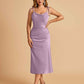 Sexy Satin Midi Bridesmaid Dresses Spaghetti Straps Slip Scoop Side Slit