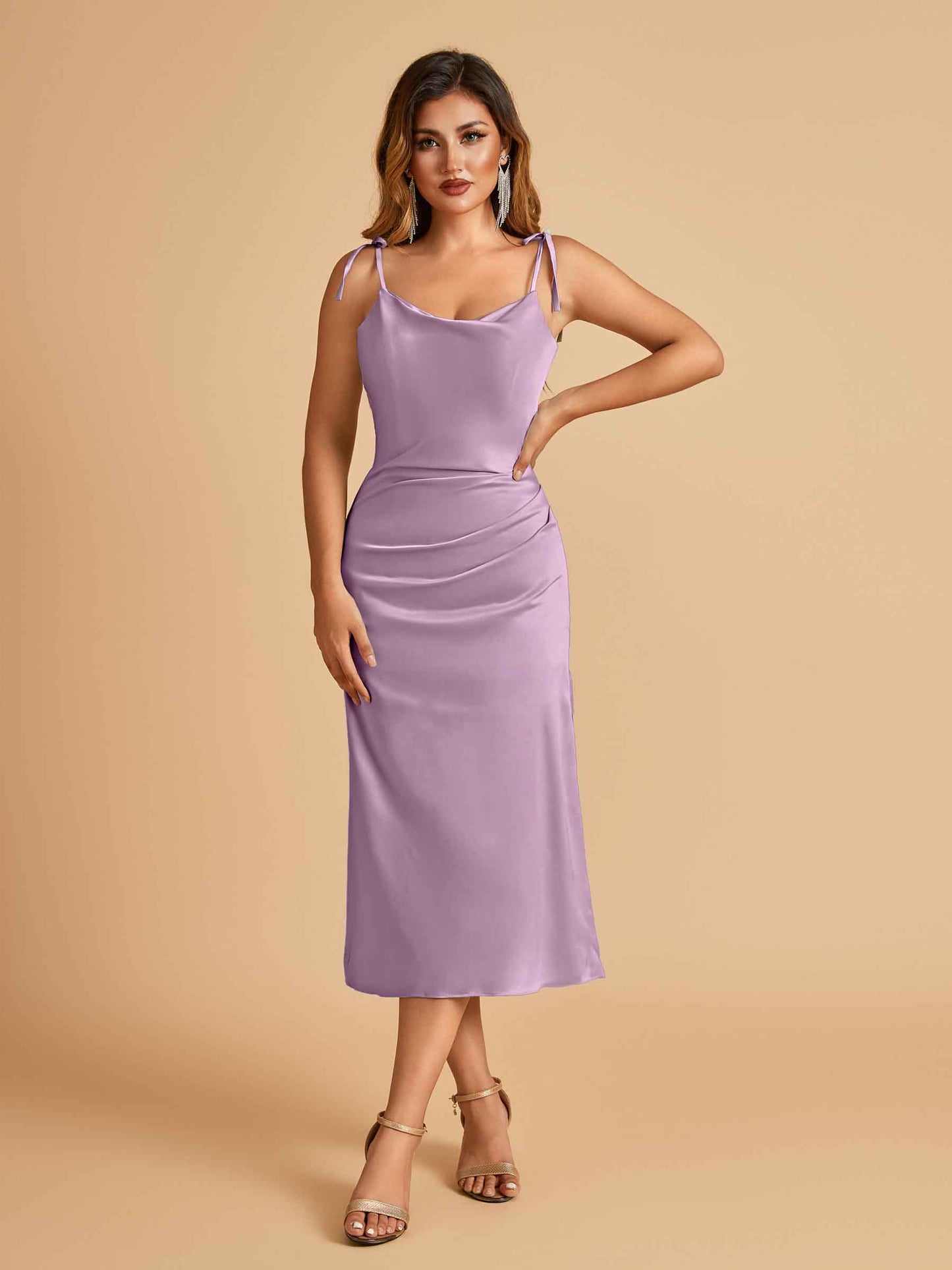 Sexy Satin Midi Bridesmaid Dresses Spaghetti Straps Slip Scoop Side Slit
