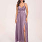 Satin Spaghetti Straps A-line Bridesmaid Dresses Side Slit Floor Length
