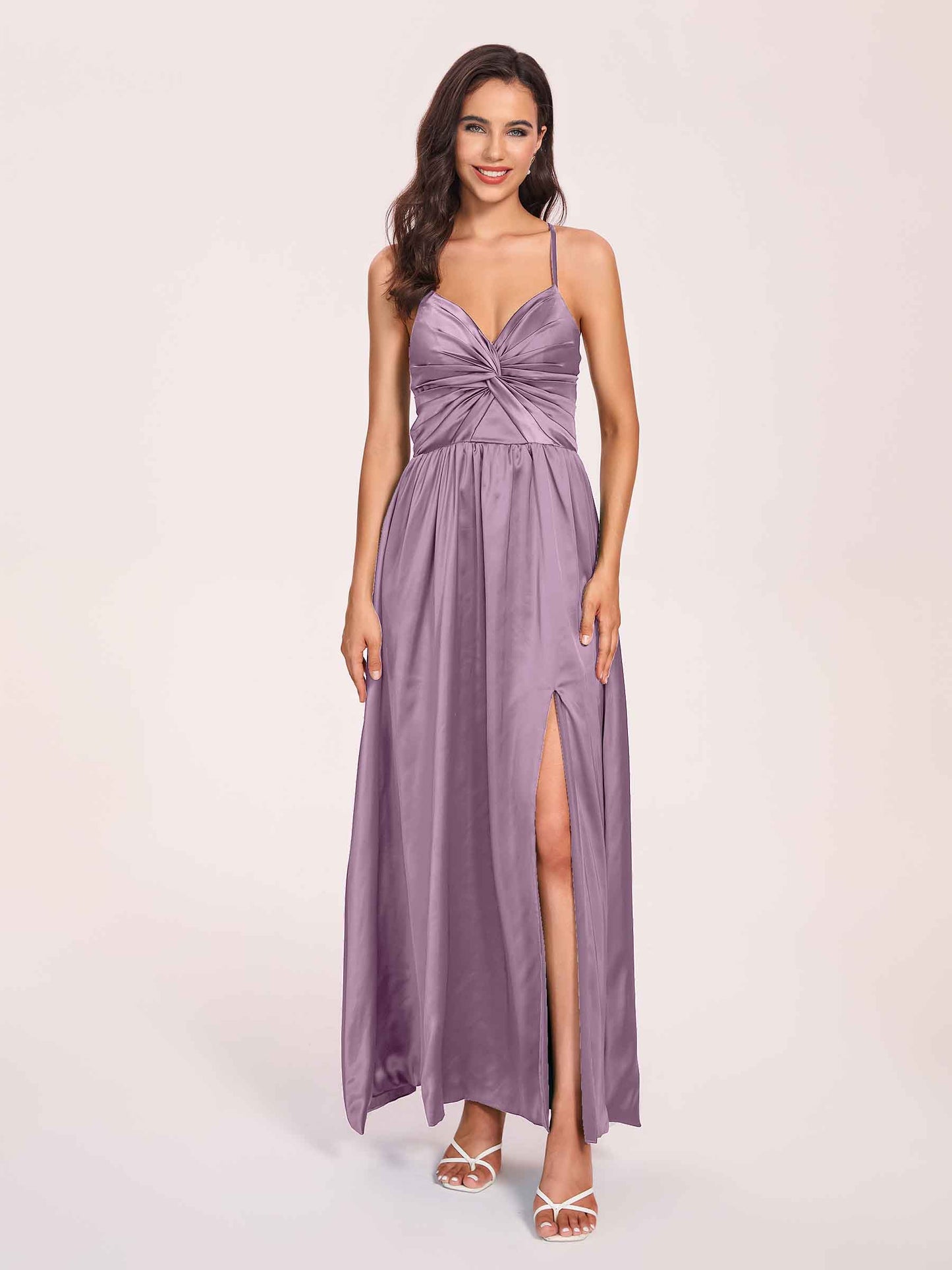 Satin Spaghetti Straps A-line Bridesmaid Dresses Side Slit Floor Length