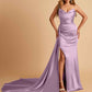 Sexy Satin Sheath Bridesmaid Dresses Strapless Sweetheart Side Slit With Train
