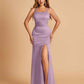 Satin Mermaid Long Bridesmaid Dresses Spaghetti Straps Scoop Side Slit Criss-cross Back