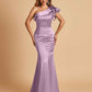 Satin One-shoulder Bridesmaid Dresses Ruffle Sleeves Mermaid Floor Length For Sale