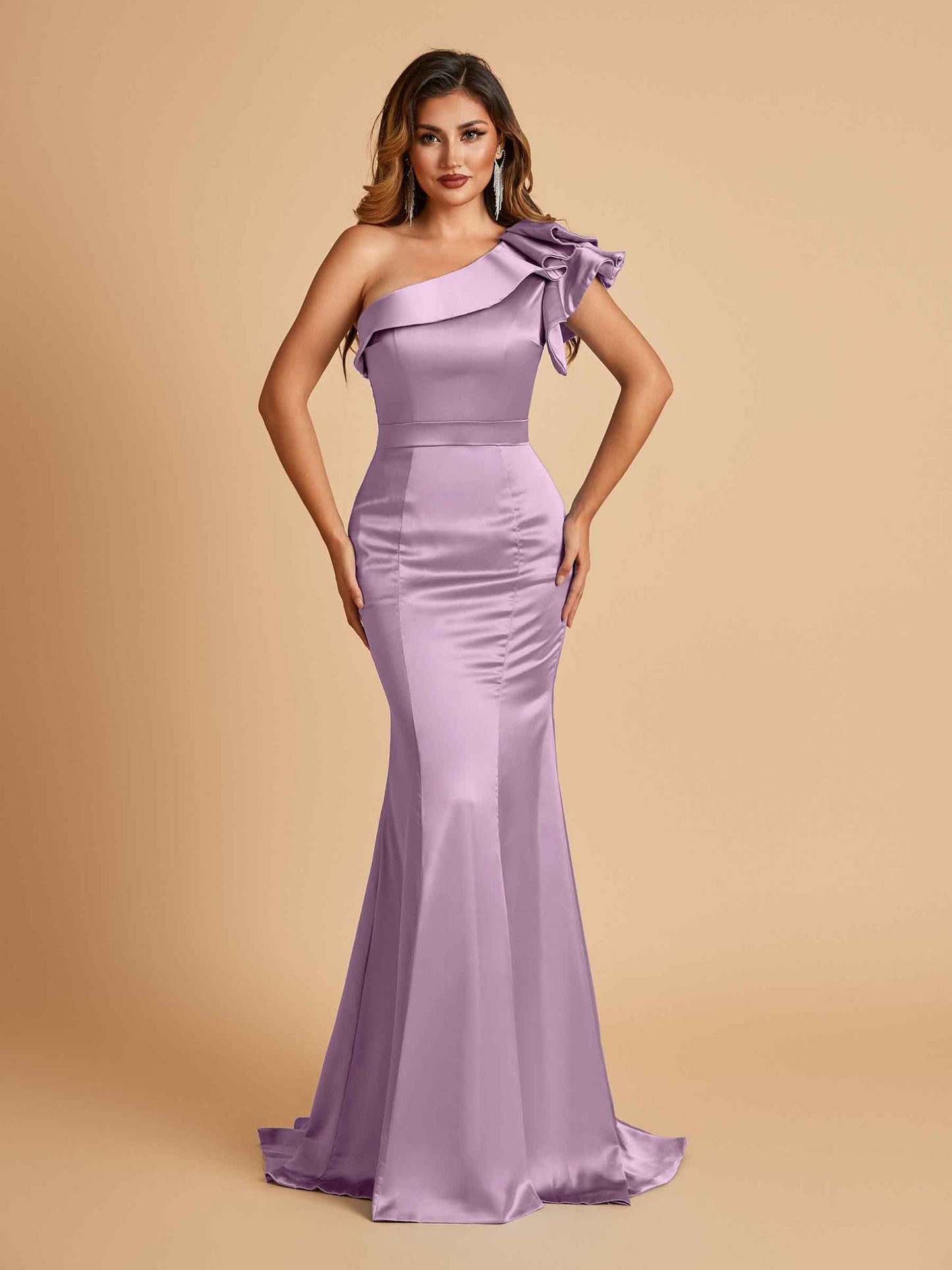 Satin One-shoulder Bridesmaid Dresses Ruffle Sleeves Mermaid Floor Length For Sale