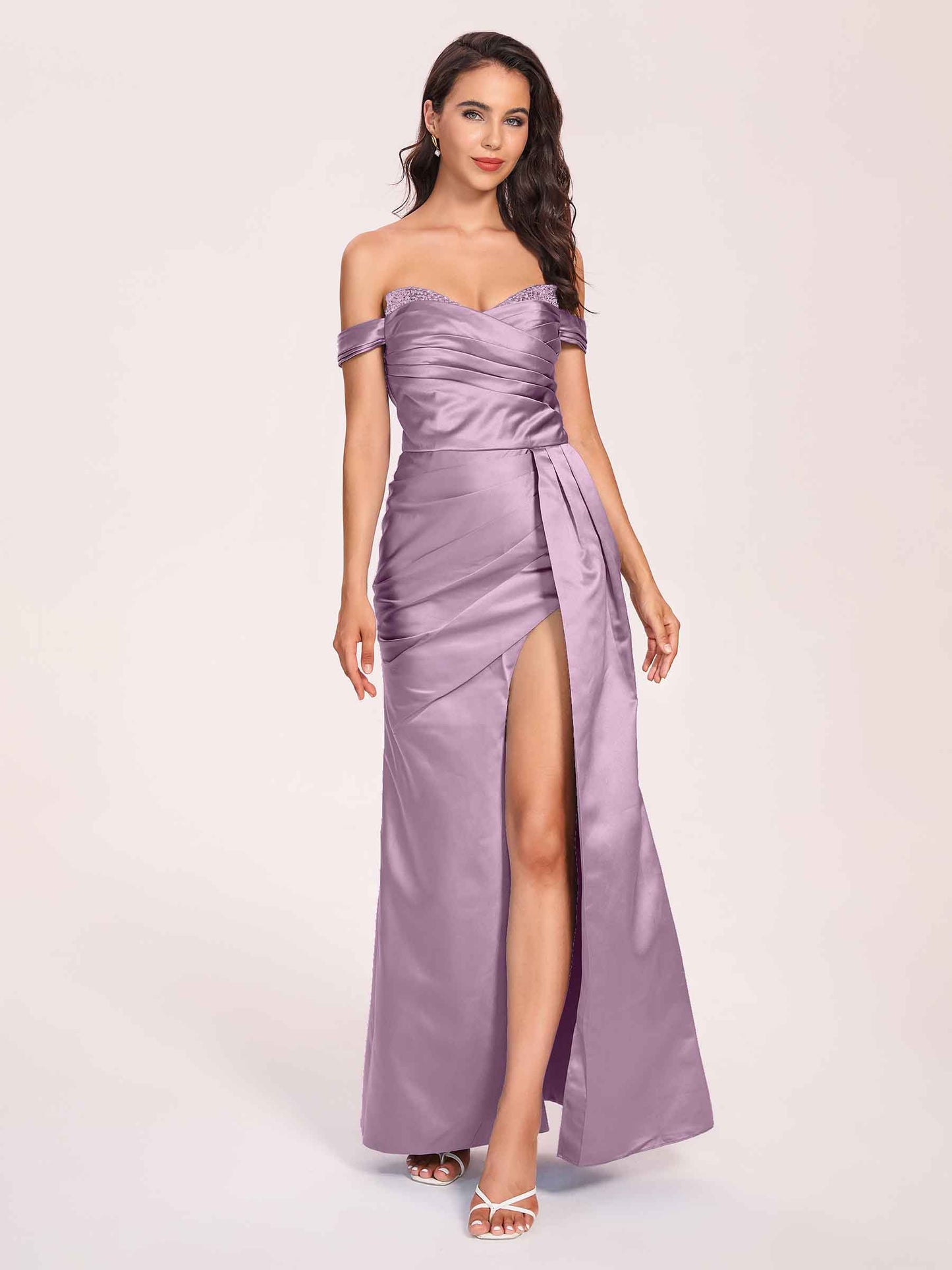 Elegant Satin Off Shoulder Bridesmaid Dresses Side-slit Sweetheart Floor Length Sheath