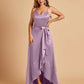 Satin Asymmetric V-neck Bridesmaid Dresses Sleeveless Side Slit A-line Unique For Sale
