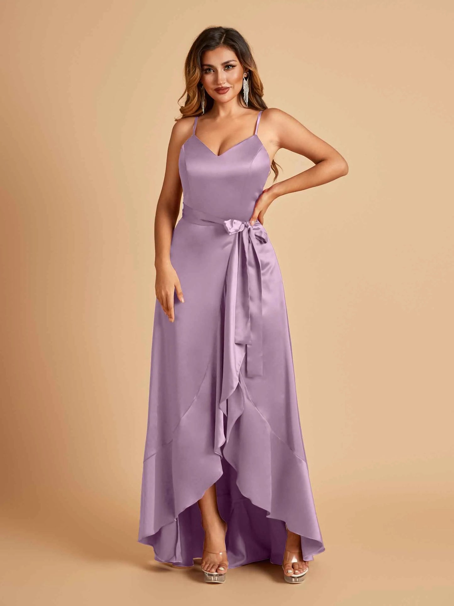 Satin Asymmetric V-neck Bridesmaid Dresses Sleeveless Side Slit A-line Unique For Sale