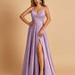 Satin A-line Long Prom Dresses Spaghetti Straps V-neck Side Slit Floor Length
