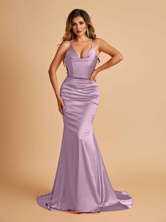 Sexy Satin Mermaid Bridesmaid Dresses Spaghetti Straps V-neck Pleats Floor Length
