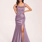 Sexy Satin Square Mermaid Bridesmaid Dresses Pleats Side-Slit Floor-Length Sleeveless