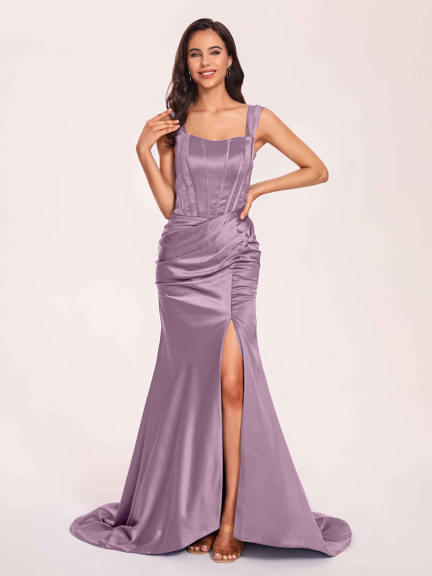Sexy Satin Square Mermaid Bridesmaid Dresses Pleats Side-Slit Floor-Length Sleeveless