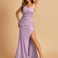 Sexy Strapless Long Bridesmaid Dresses Satin Side Slit Pleats Floor Length Sheath