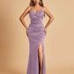 Sexy Satin Mermaid Bridesmaid Dresses Spaghetti Straps V-neck Side Slit Floor Length