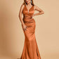 Sexy Satin Criss-cross Back Bridesmaid Dresses Mermaid Deep V-neck Back Pleats Floor Length