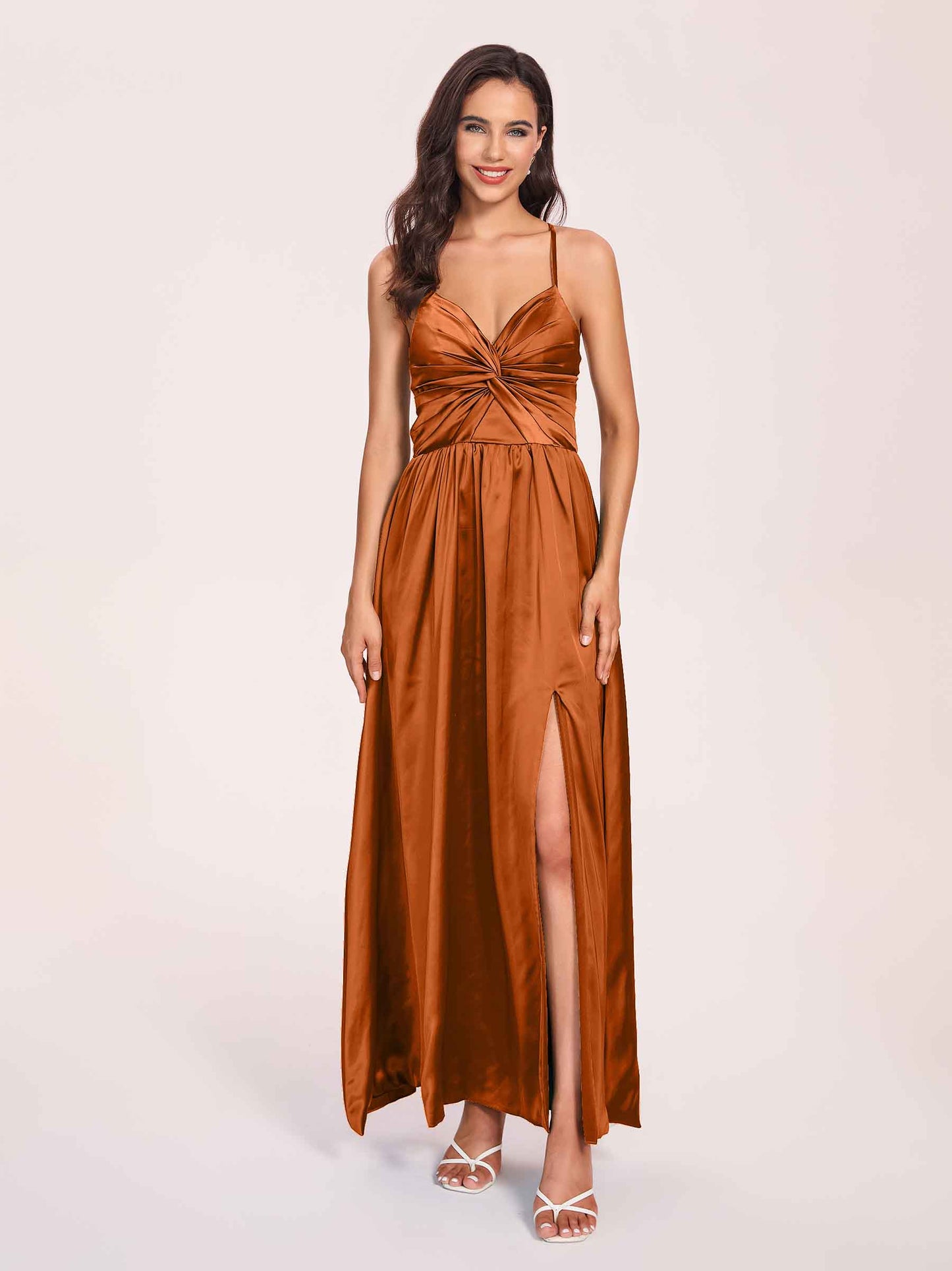 Satin Spaghetti Straps A-line Bridesmaid Dresses Side Slit Floor Length