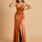 Sexy Satin Sheath Prom Dresses Spaghetti Straps V-neck Side Slit Pleats Floor Length