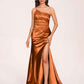 Satin One-shoulder Mermaid Bridesmaid Dresses Side Slit Pleats Floor Length